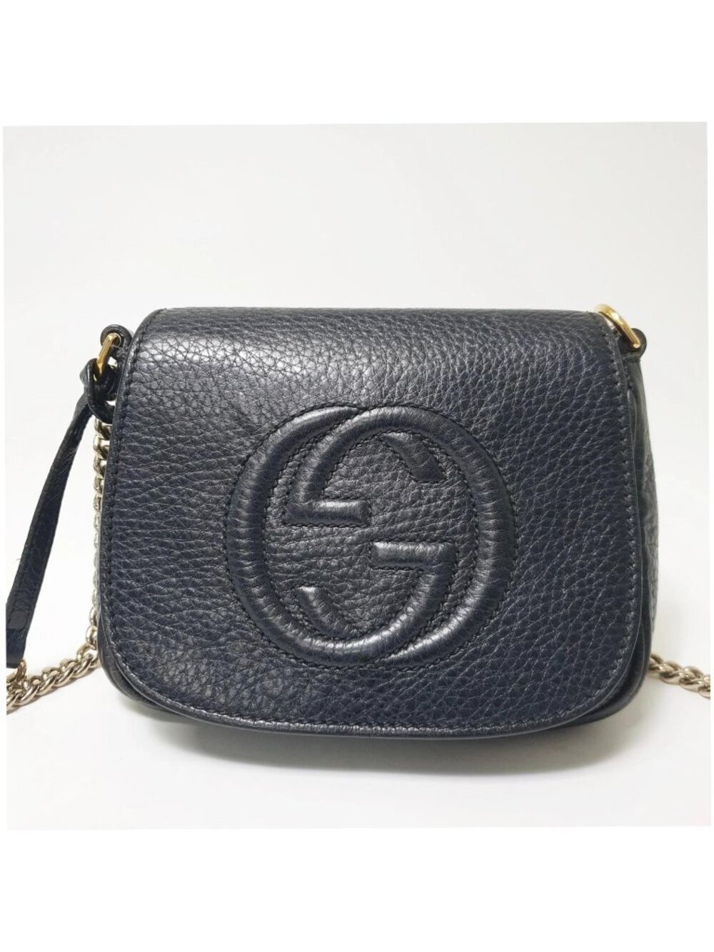 Authentic Gucci Soho Black Leather Chain Crossbody Bag GG Logo Small Designer - Picture 2 of 11